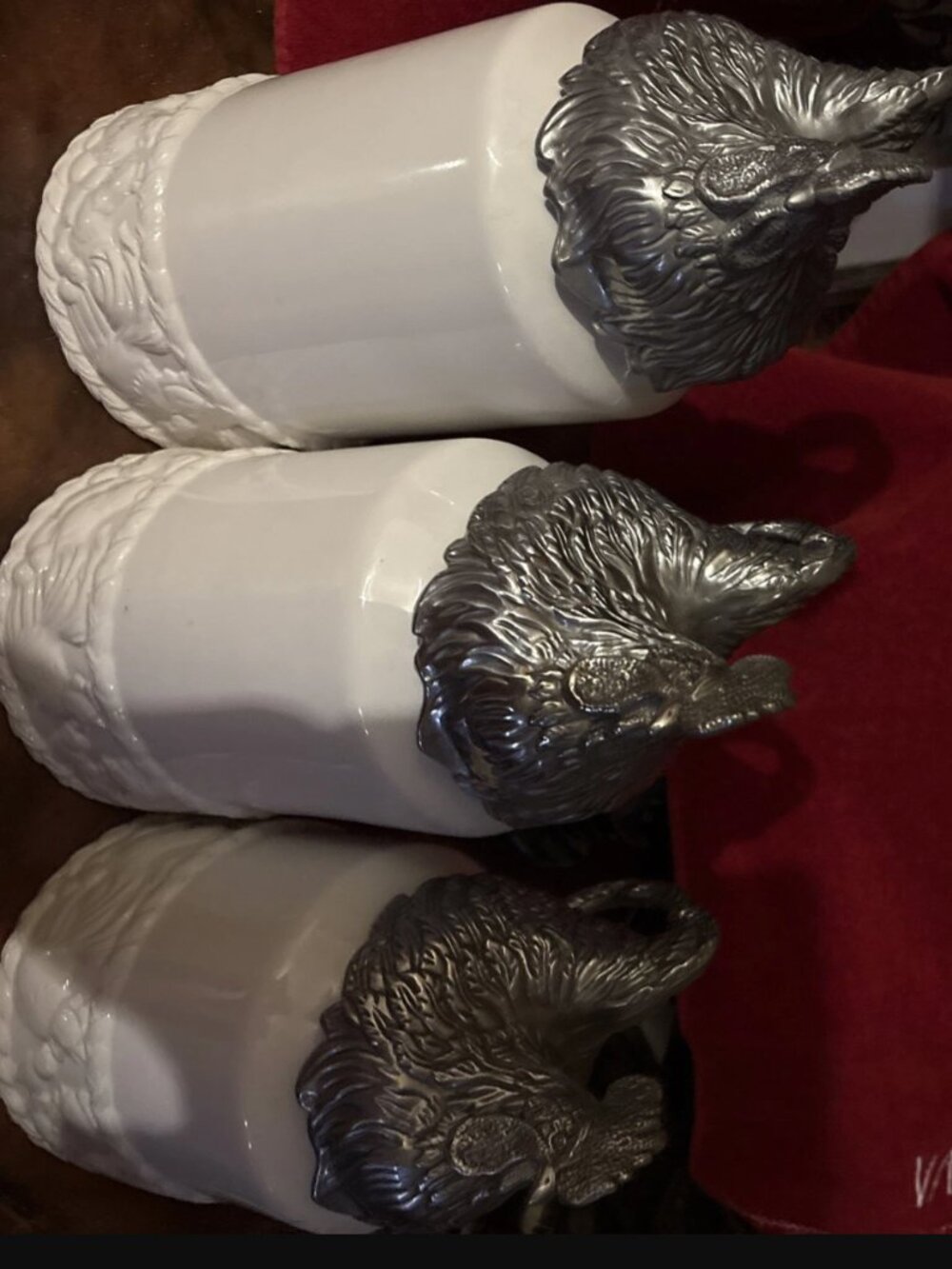 Arthur Court White Canisters with Design and Aluminum Roosters 2004 Set of 3